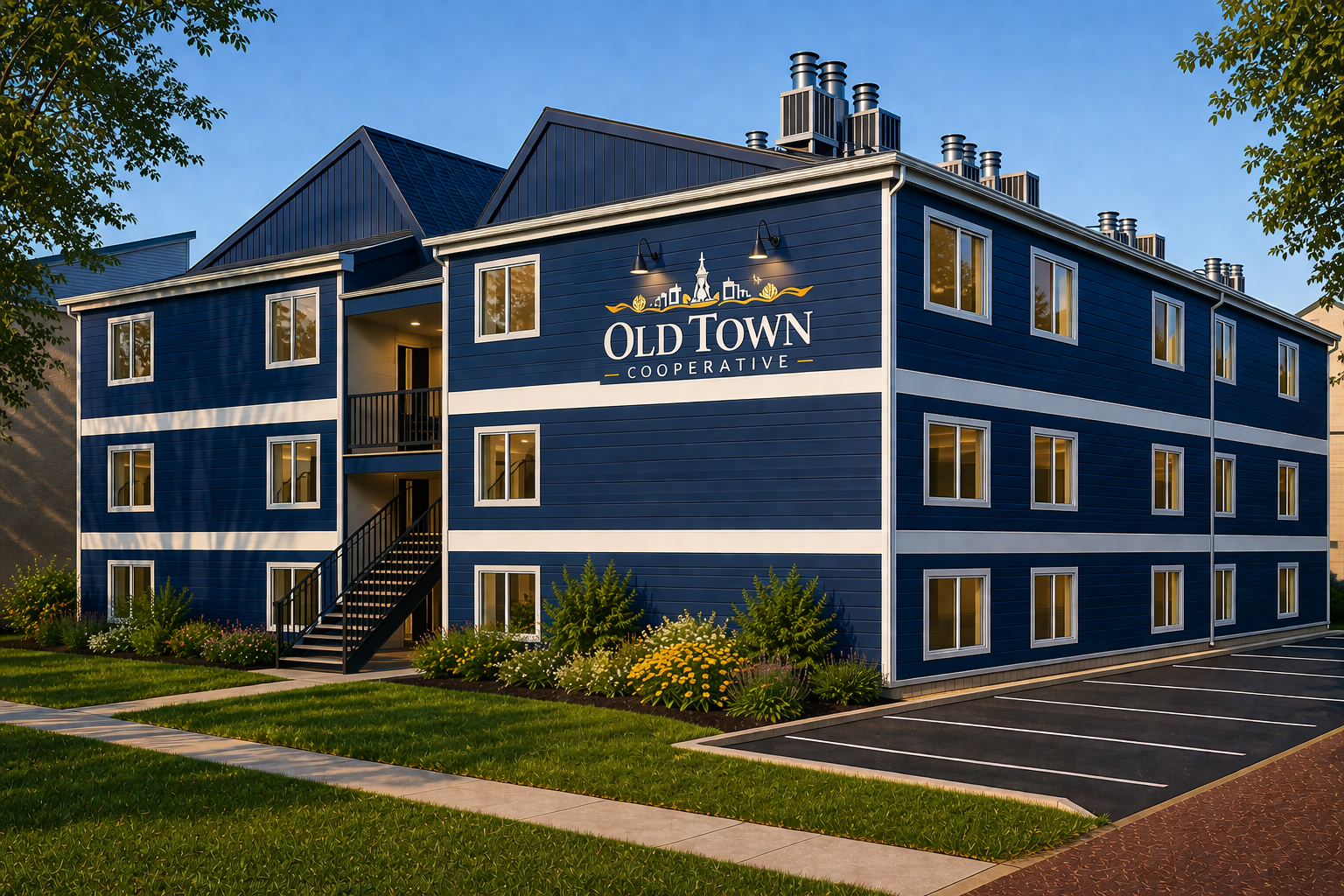 Exterior of Old Town Cooperative — a three-story navy clapboard building with the cooperative wordmark on the facade